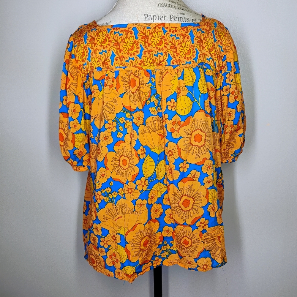 Rose & Olive Floral Top Womens XL Orange‎ Blue Retro Mod Flowy Lightweight - Picture 3 of 9
